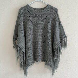 Elan Cozy Knit Fringe Trim Pancho Shrug